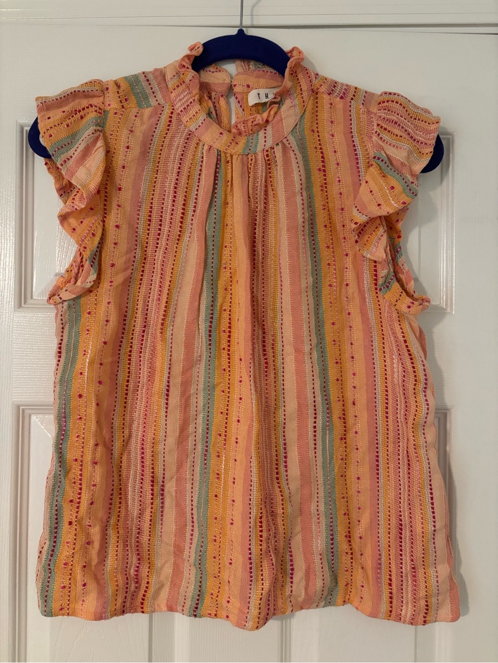 THML FREEPORT STRIPED FLUTTER SLEEVE EMBROIDERED TOP-Multicolor Size Small